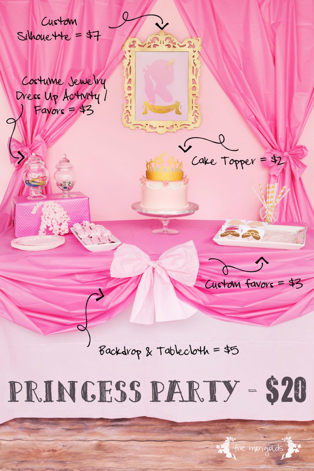 DIY Complete Pink Princess Birthday Party $20 Favors + Table Setting | www.fivemarigolds.com
