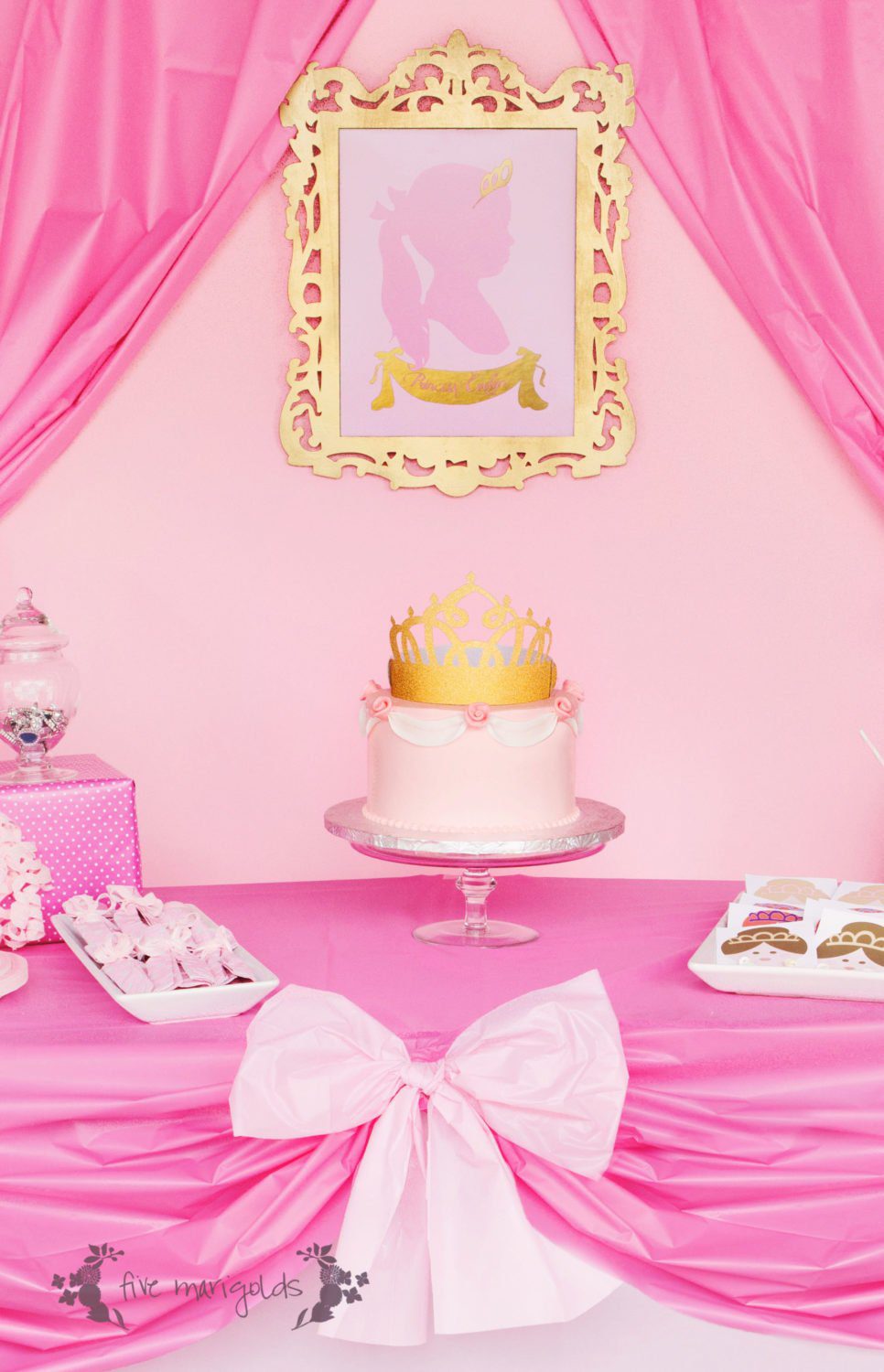 Easy Inexpensive Pink Princess Birthday Party Table Setting | www.fivemarigolds.com