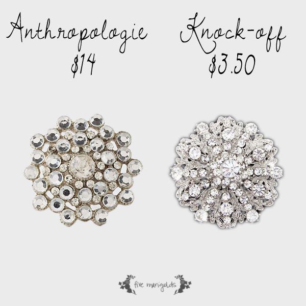 Copycat Chic: Anthropologie Keepsake Brooch Knobs. Get the look for less with rhinestone brooches and inexpensive cabinet pulls | Five Marigolds