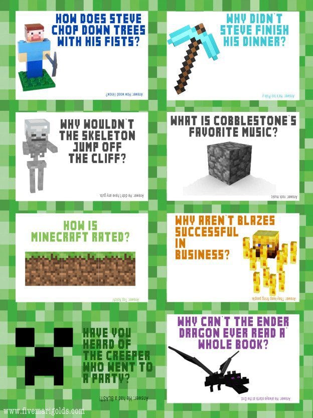 Minecraft Jokes Free Lunchbox Printables | Five Marigolds