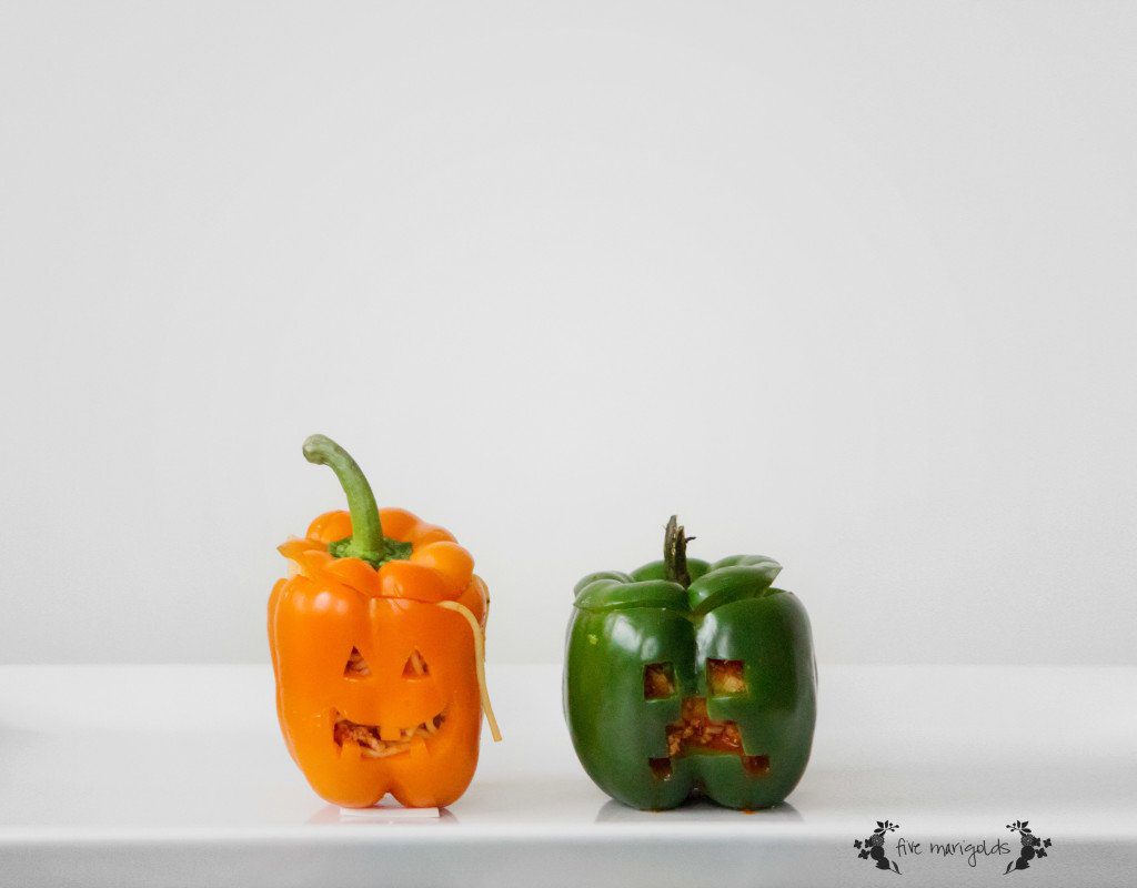Halloween Treats Round up: Stuffed Pepper Jack-O-Lanterns and Creepers | Five Marigolds