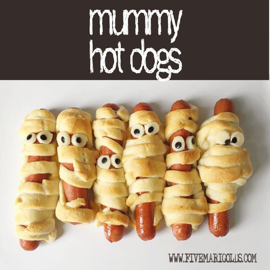 Halloween Treat Round-up: Mummy Hot Dogs with Mozzerella and Olive Eyeballs| Five Marigolds