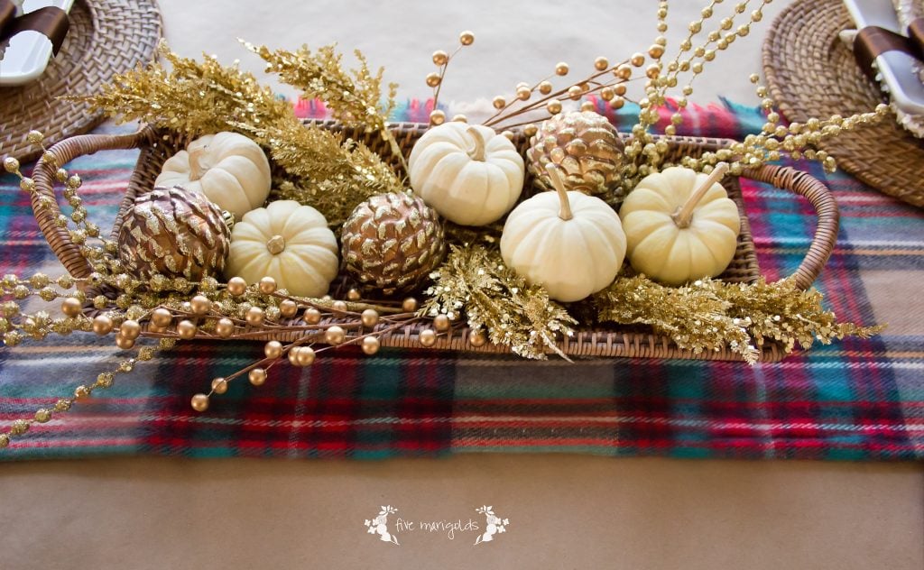 3Casual Fall Thanksgiving Tablescape with Plaid, Butcher Paper and Sequins | Five Marigolds