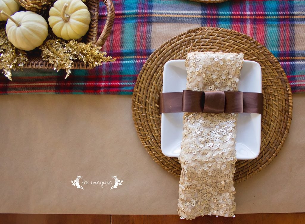 Casual Fall Thanksgiving Tablescape with Plaid, Butcher Paper and Sequins | Five Marigolds