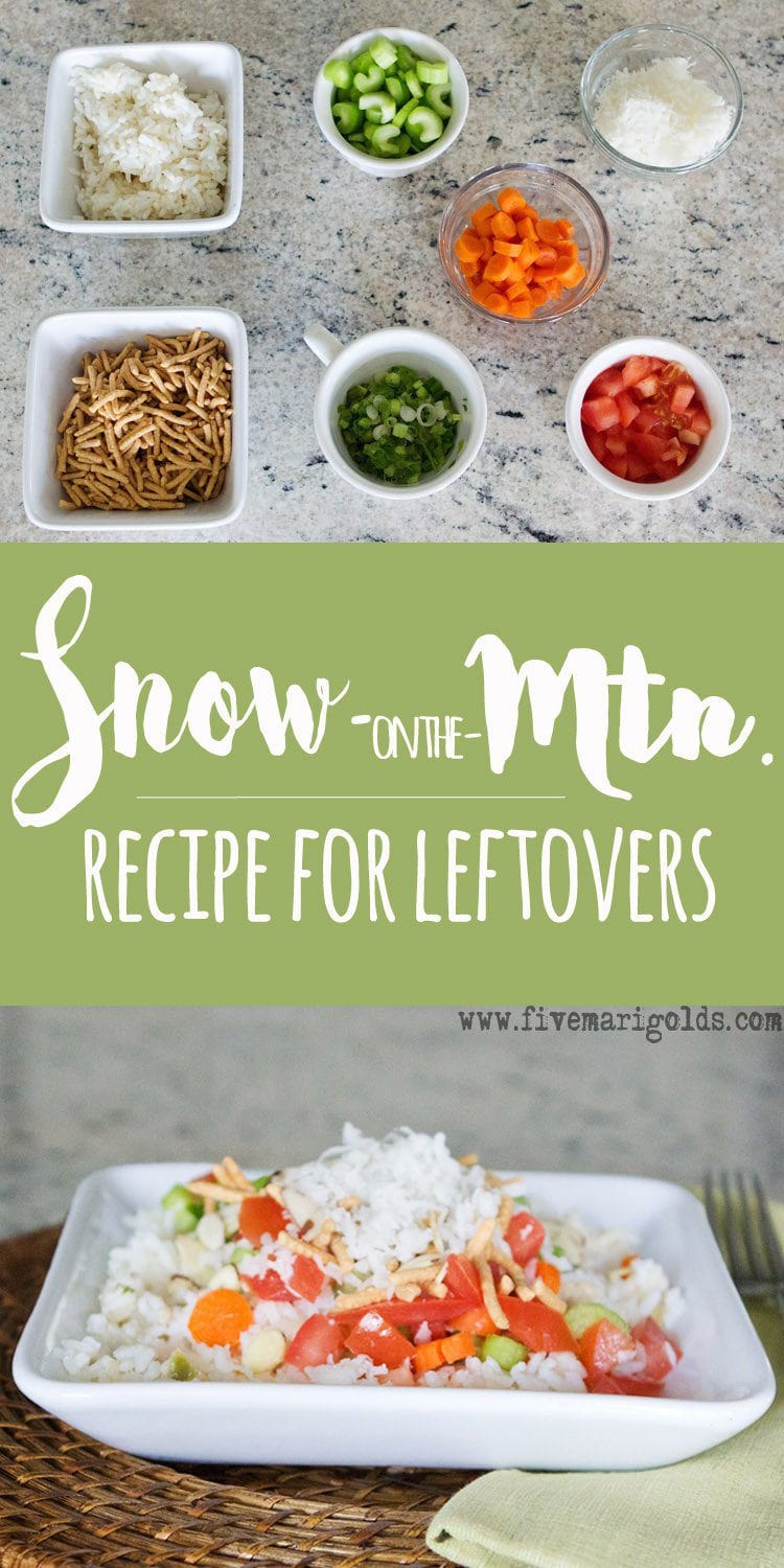 Brilliant way to use up leftovers in the fridge and pantry: Snow on the Mountain.