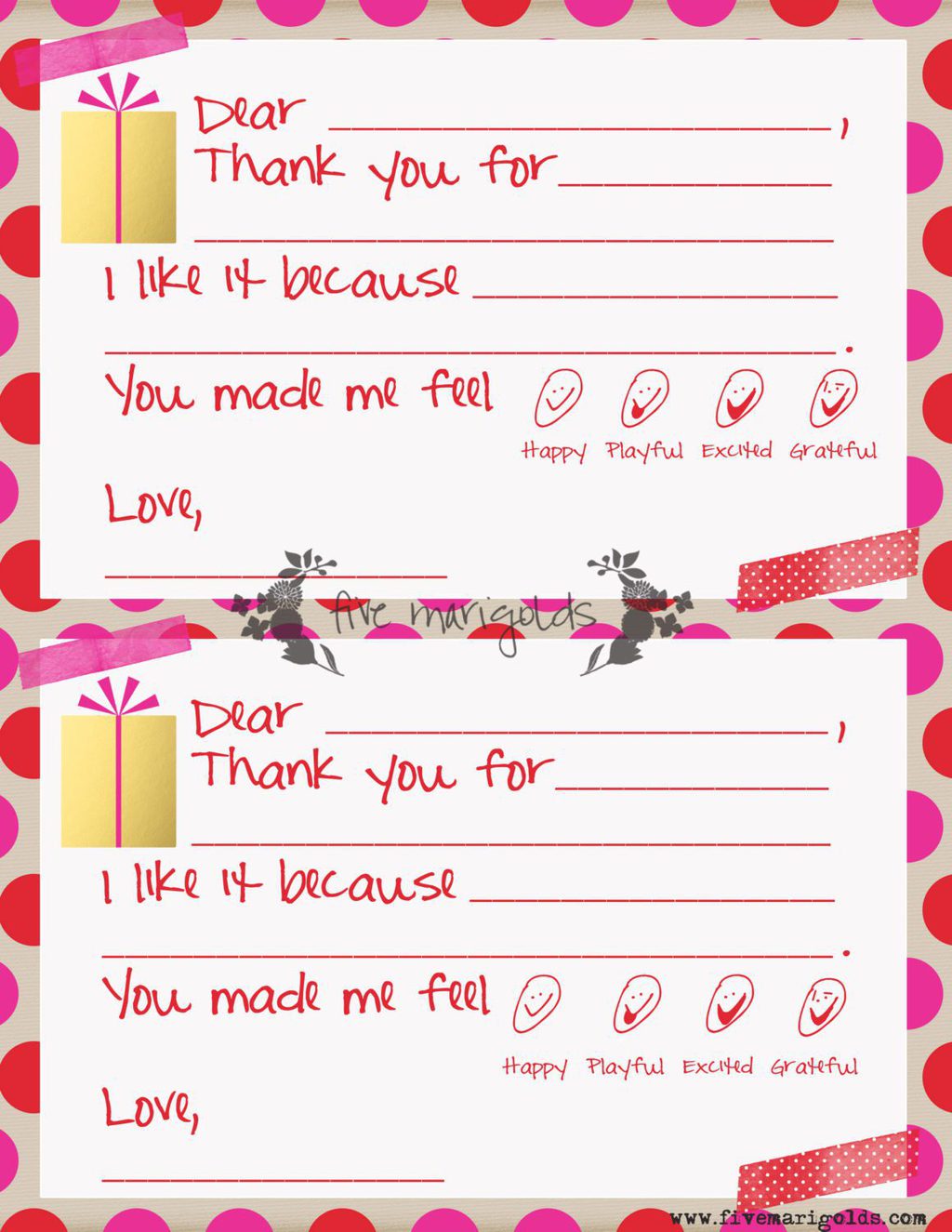 Christmas Thank You Note Templates for Kids - Five Marigolds With Thank You Notes Templates