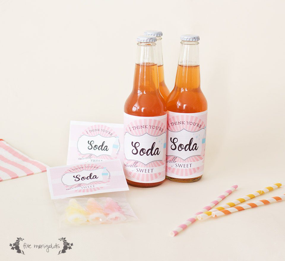 Soda Shoppe Valentine Day Tag and Bottle Wrap Printables | www.fivemarigolds.com