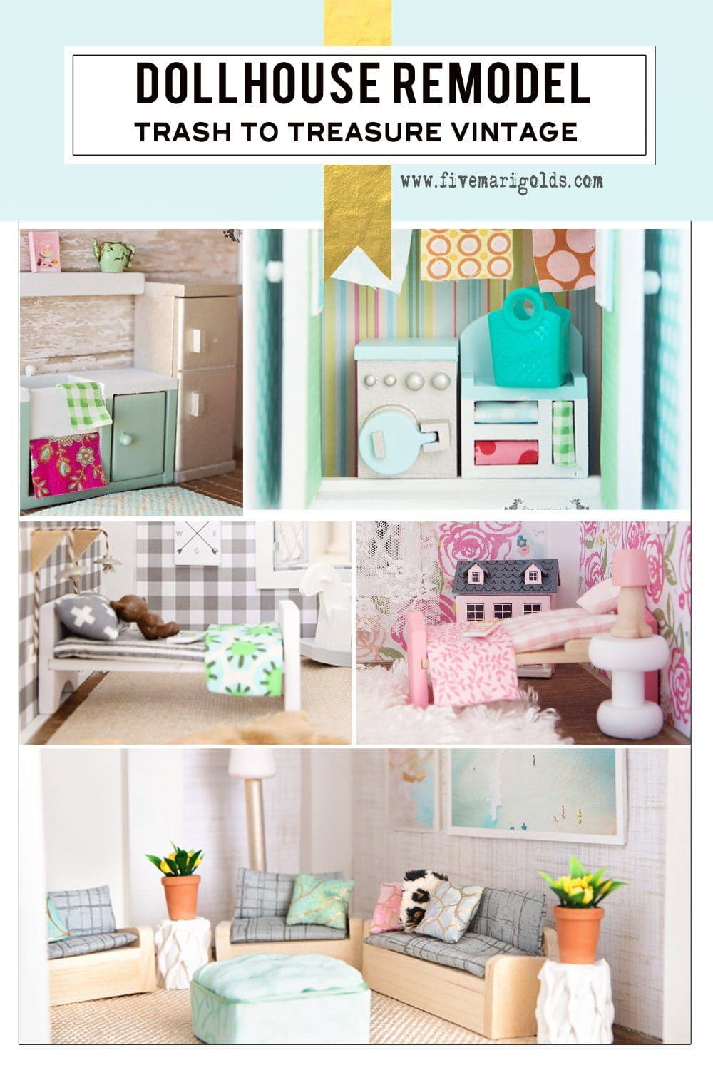 This blog shows a room-by-room vintage dollhouse remodel on a budget! | Five Marigolds