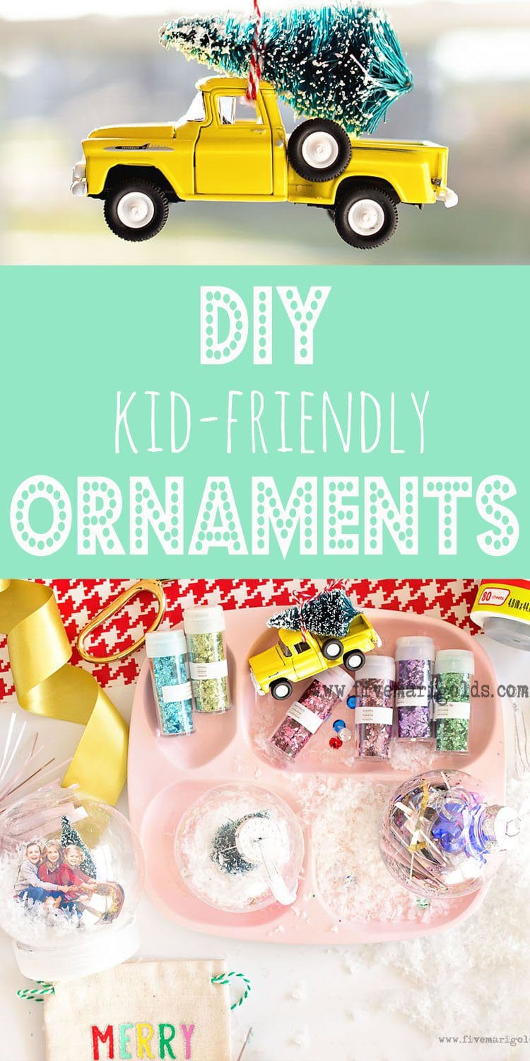DIY Christmas Ornaments for Kids: Snowglobes, Christmas Tree Truck, sequins and sparkles. #RollAwayLint #ad