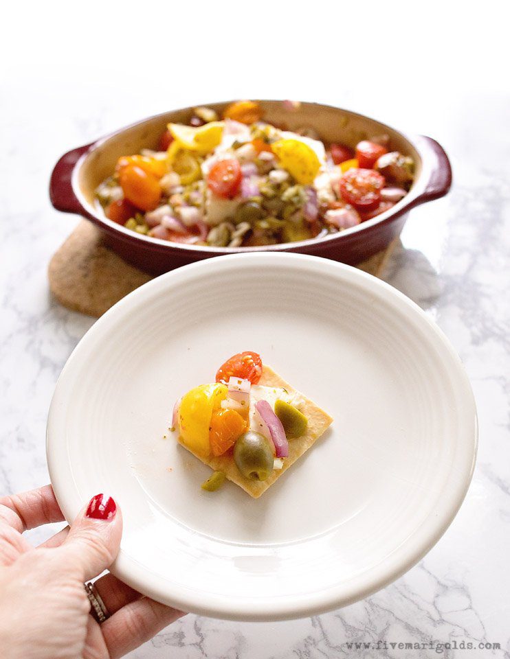 Baked Feta with Mediterranean Salsa Recipe | Five Marigolds #ad