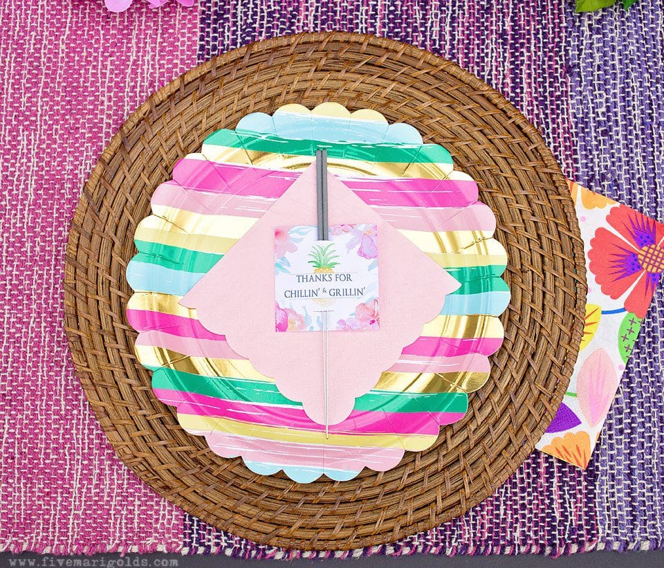 Chill and grill for a laid back summer barbecue. Tutorial for turning a dollar store tablecloth into a custom memory blanket for gatherings. Free printable favor tags for sparklers.