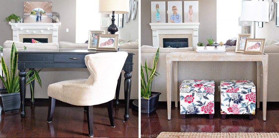 Tips for creating a beautiful and comfortable living space on a budget: custom photo canvases, faux mosaic tile and vintage fabrics and prints.