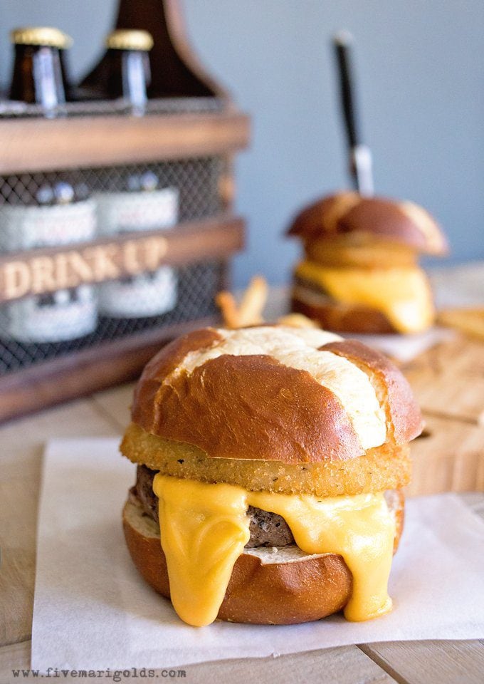 Beer Cheese Burgers with Onion Rings Five Marigolds