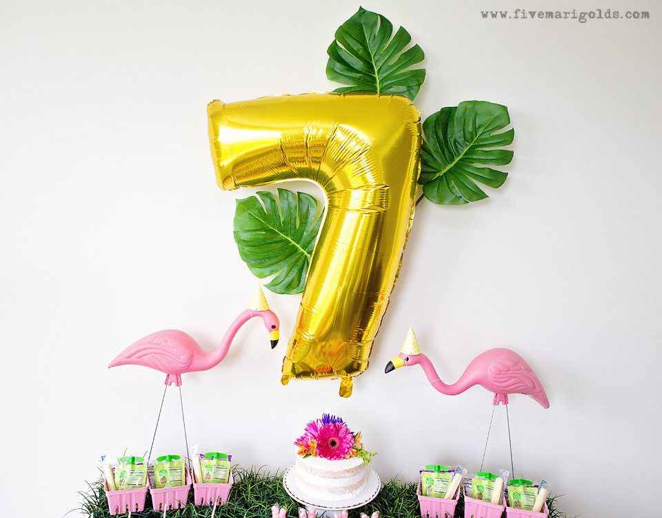 Girly Pink Flamingo Birthday Party - tropical pool party for girls with DIY tutorials for easy Flamingo Favor bags and bow napkin rings | Five Marigolds