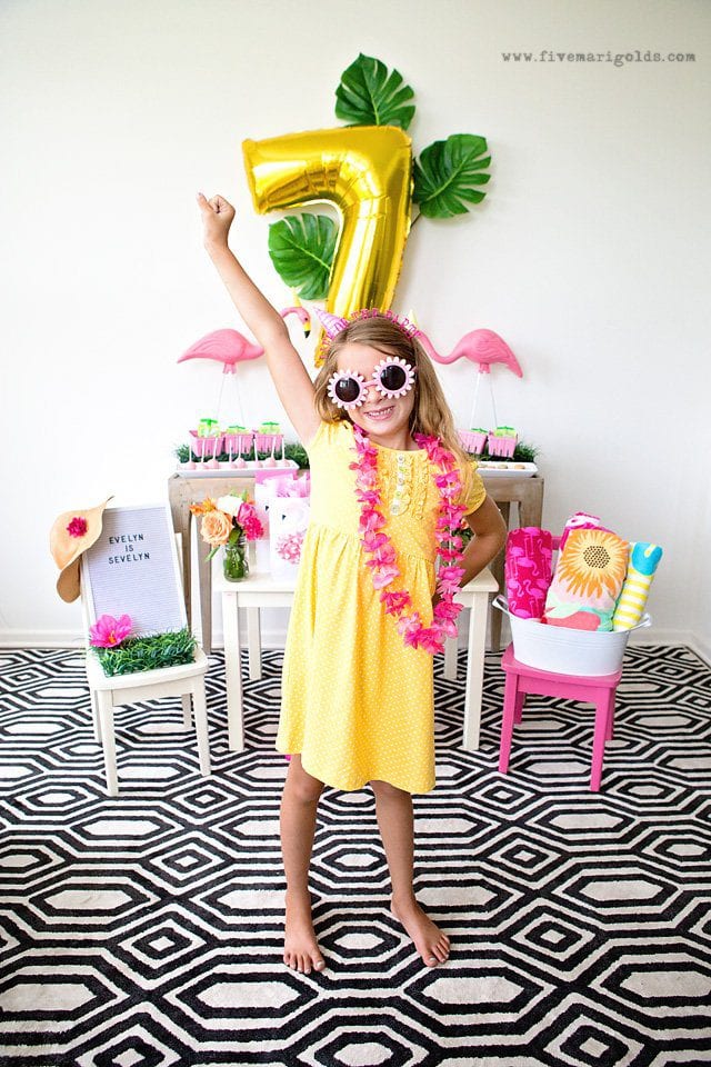 Girly Pink Flamingo Birthday Party - tropical pool party for girls with DIY tutorials for printable Flamingo Favor bags and bow napkin rings | Five Marigolds