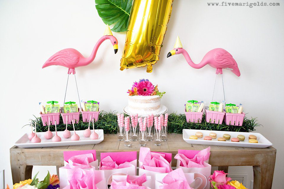 Girly Pink Flamingo Birthday Party - tropical pool party for girls with DIY tutorials for printable Flamingo Favor bags and bow napkin rings | Five Marigolds