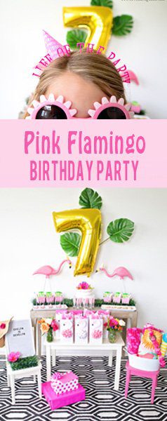 Girly Pink Flamingo Birthday Party - tropical pool party for girls with DIY tutorials for easy Flamingo Favor bags and bow napkin rings #ad #BirthdaysMadeBrighter