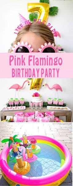 Girly Pink Flamingo Birthday Party - tropical pool party for girls with printable Favor bags #ad #BirthdaysMadeBrighter