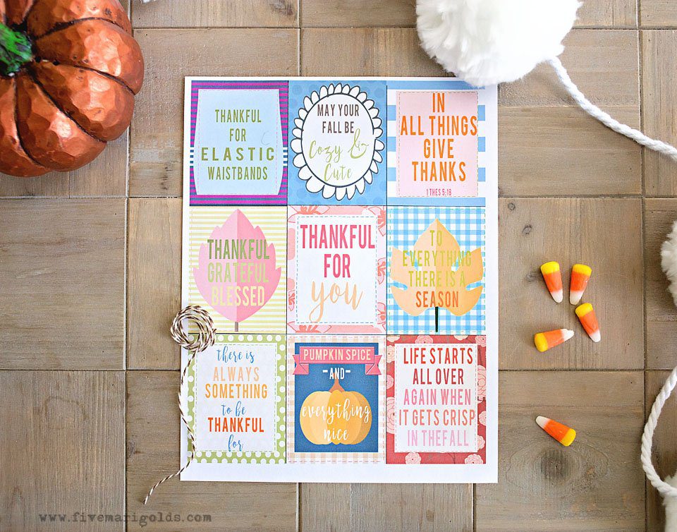Inspirational and fun free printable Thanksgiving Favor Tags. | Five Marigolds