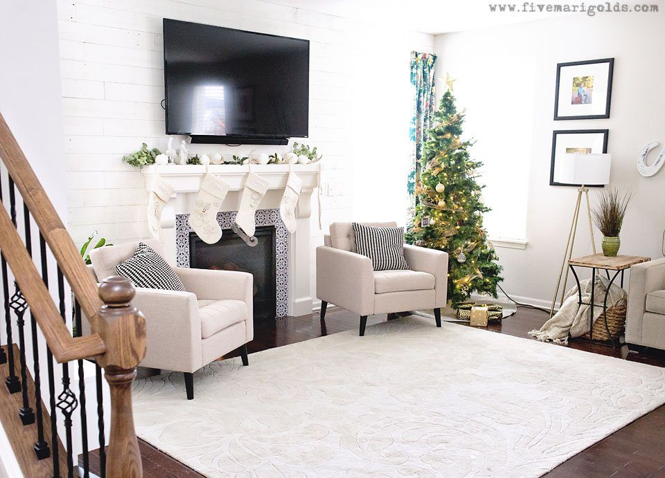 Family friendly modern farmhouse Christmas Home Tour features living room, play room and girls' bedroom. | Five Marigolds