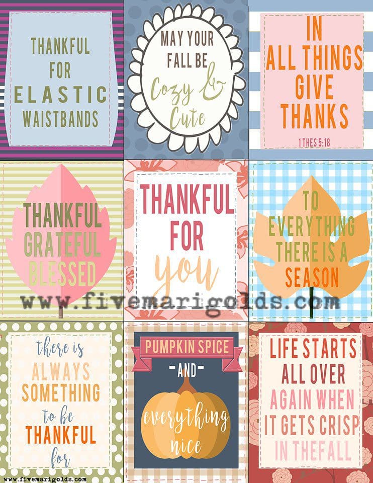 Inspirational and fun free printable Thanksgiving Favor Tags. | Five Marigolds