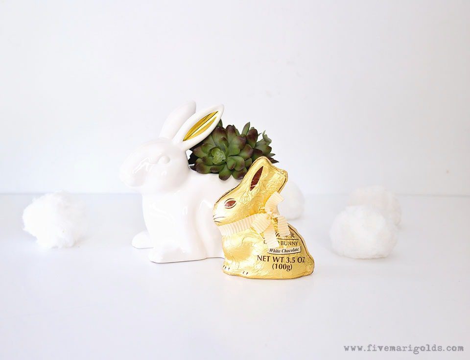 White ceramic rabbit planter with succulent. No Candy Easter Basket.