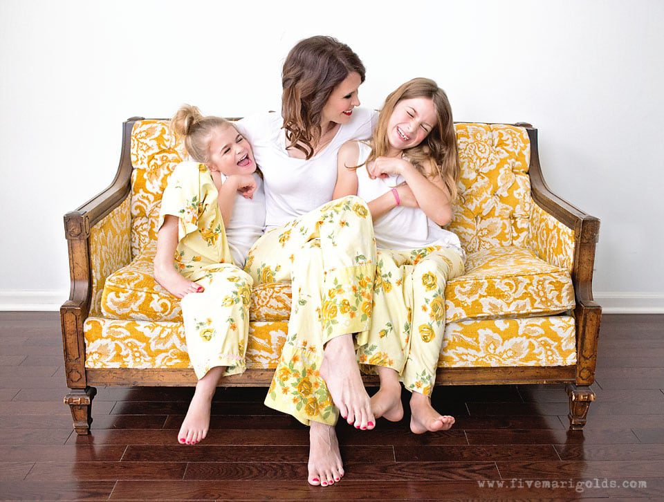 mother and daughters wearing vintage sheet pajama pants