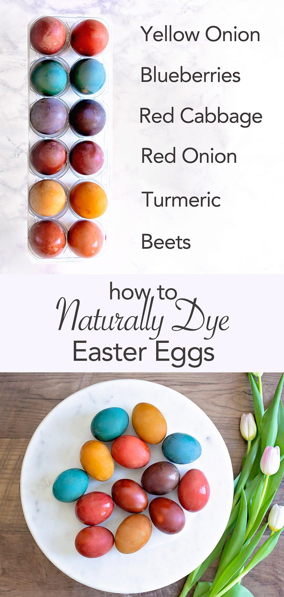 Naturally dye brown easter eggs with red cabbage, beets, red onions, yellow onions, turmeric, and blueberries