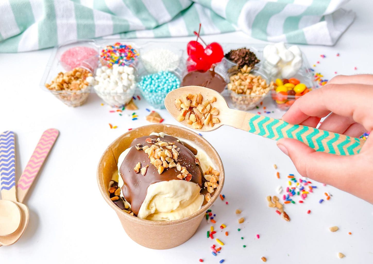Vanilla ice cream sundae with toppings